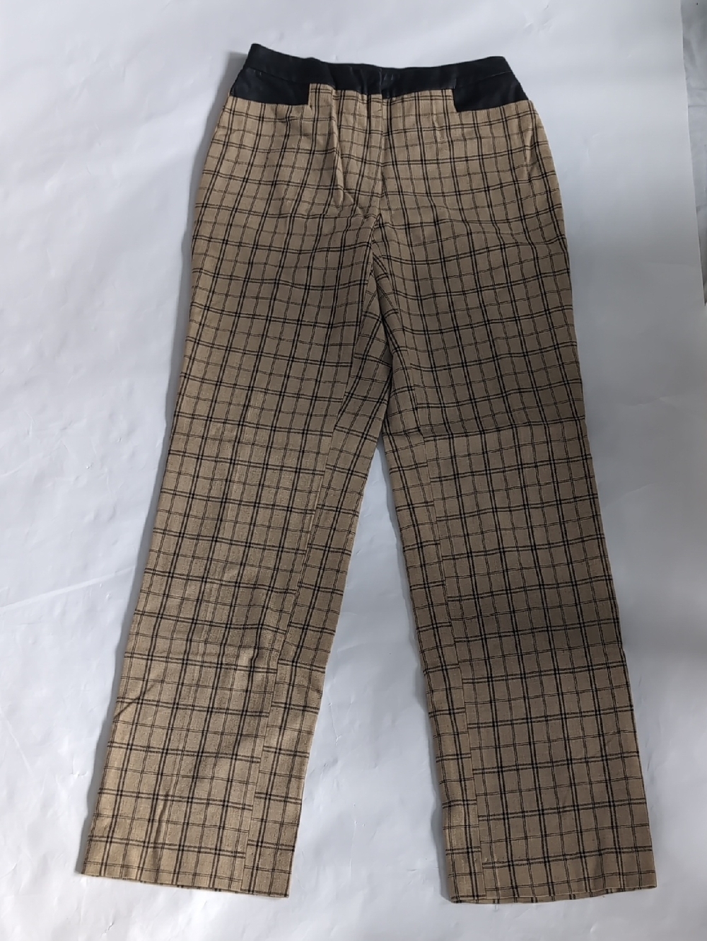 Women’s Straight-Leg Checked Tan Pants with Black Waistband USA - 2